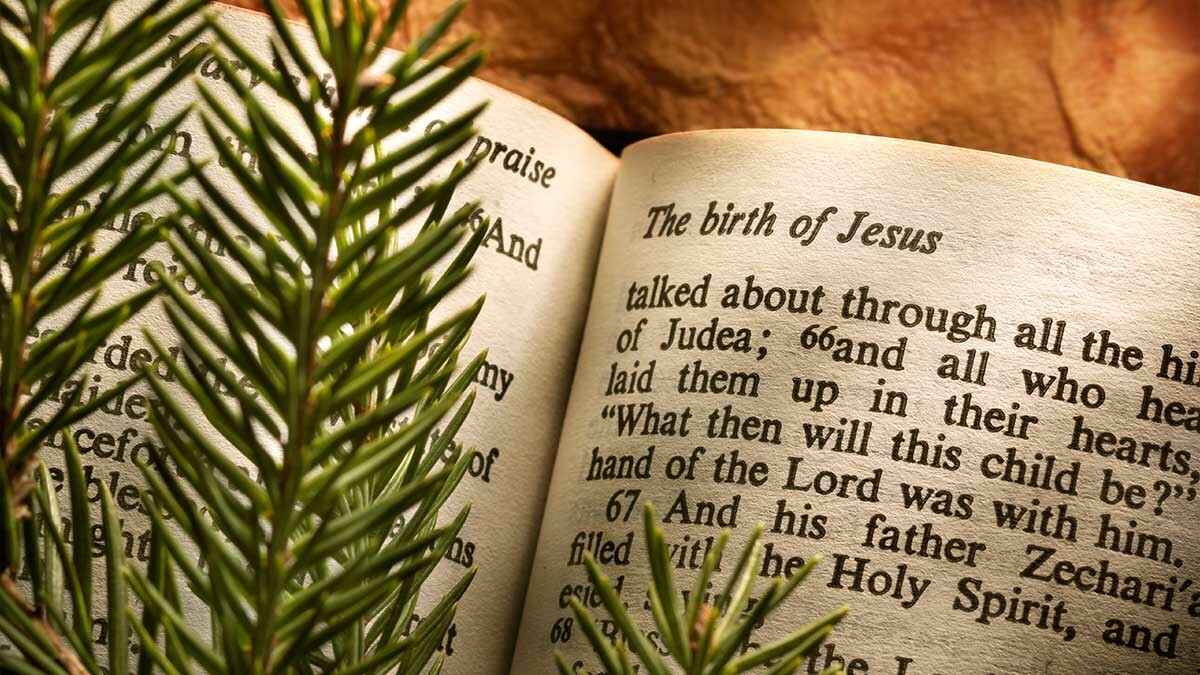 A Bible opened to the Christmas story