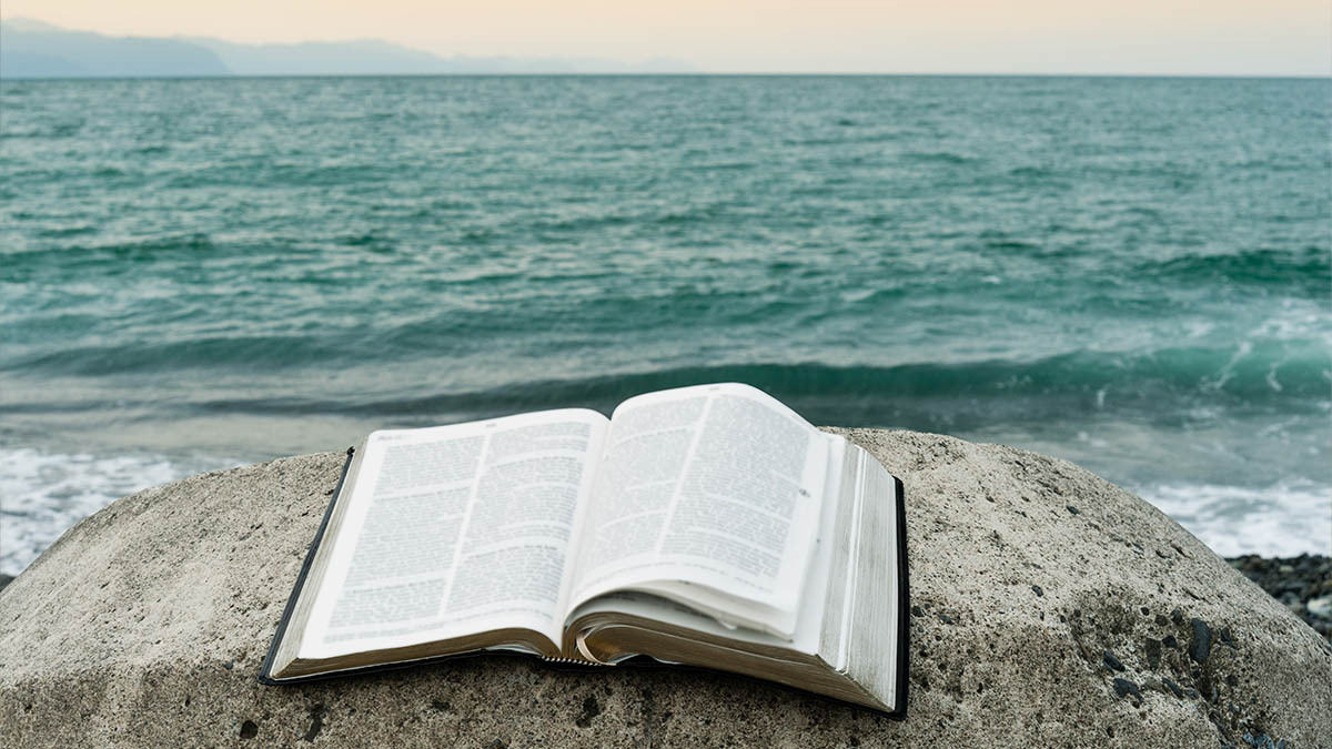 A Bible sits on a rock in front of the ocean