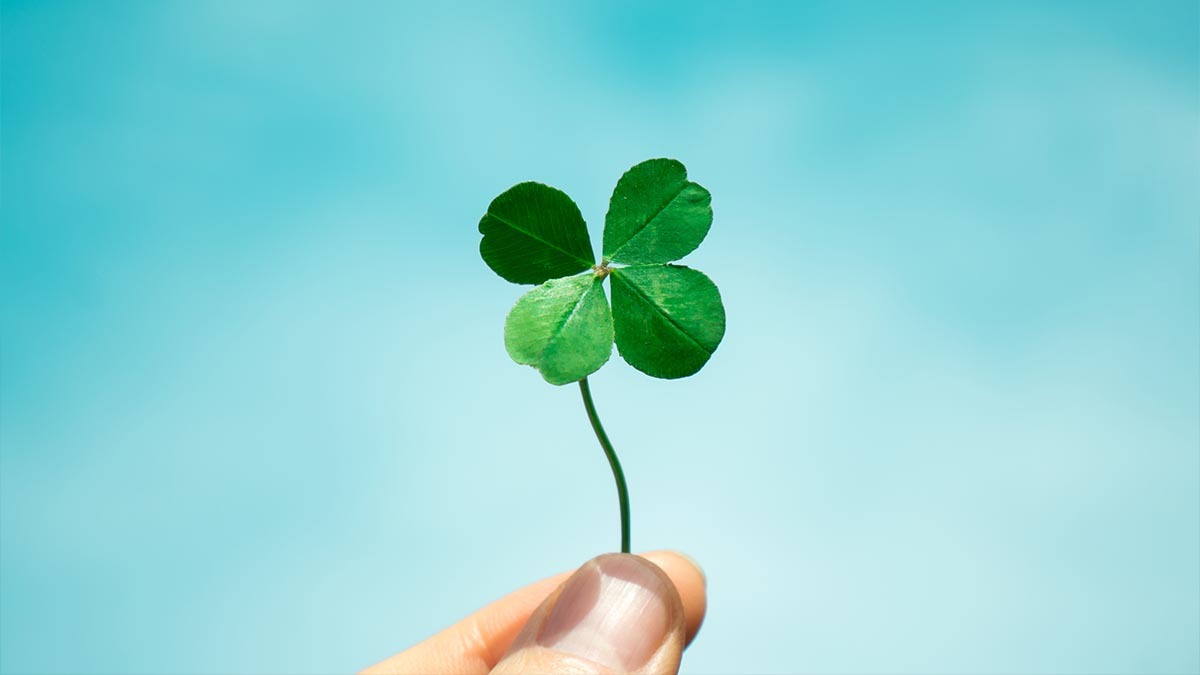 A hand holds a four leaf clover up to the sky