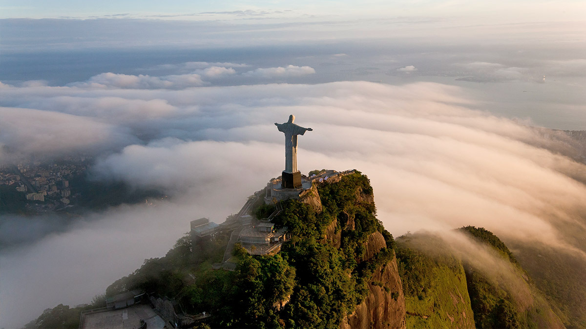 A drone view of the Christ the Redeemer statue in Brazil
