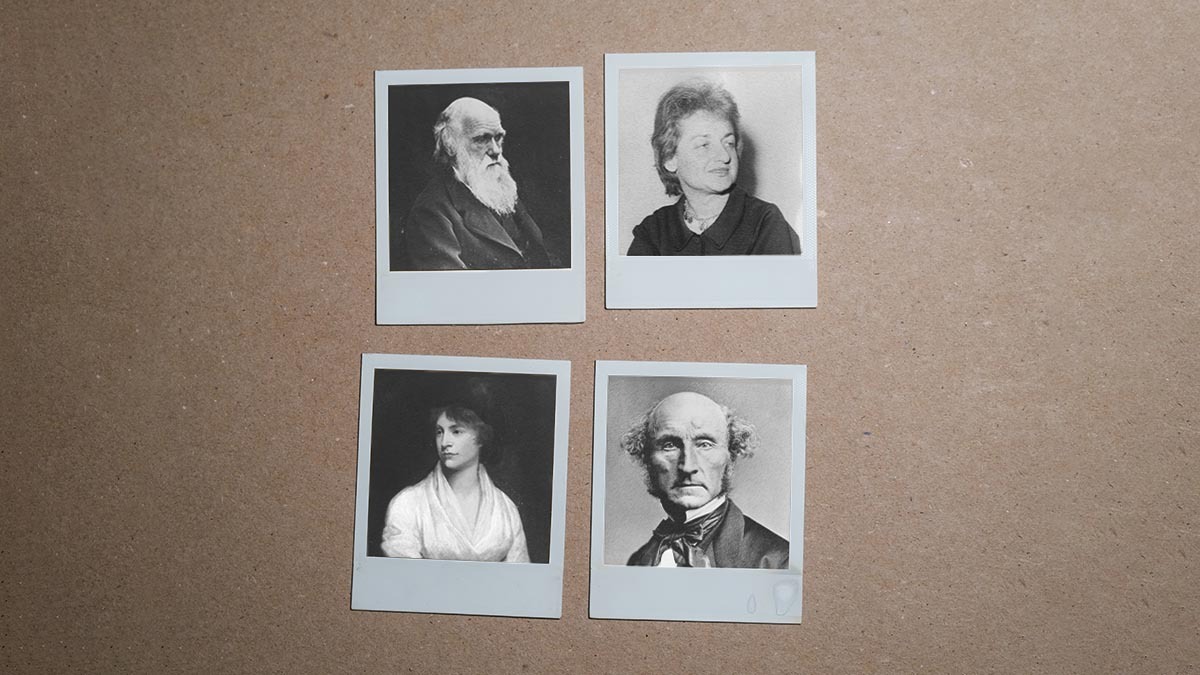 Polariod photos of Charles Darwin, John Stuart Mill, Mary Wollstonecraft, and Betty Friedan