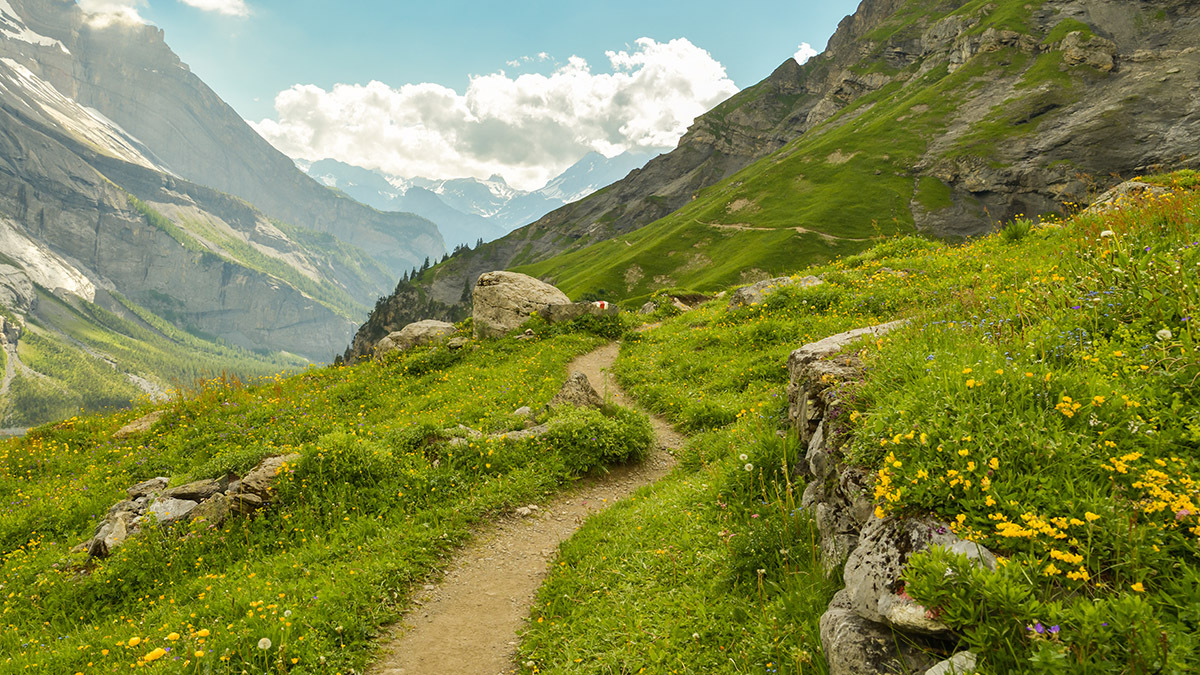 A single trail runs through the mountains