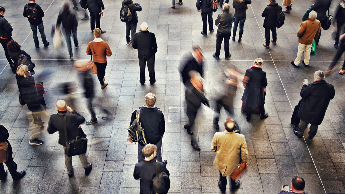A crowd of people from overhead