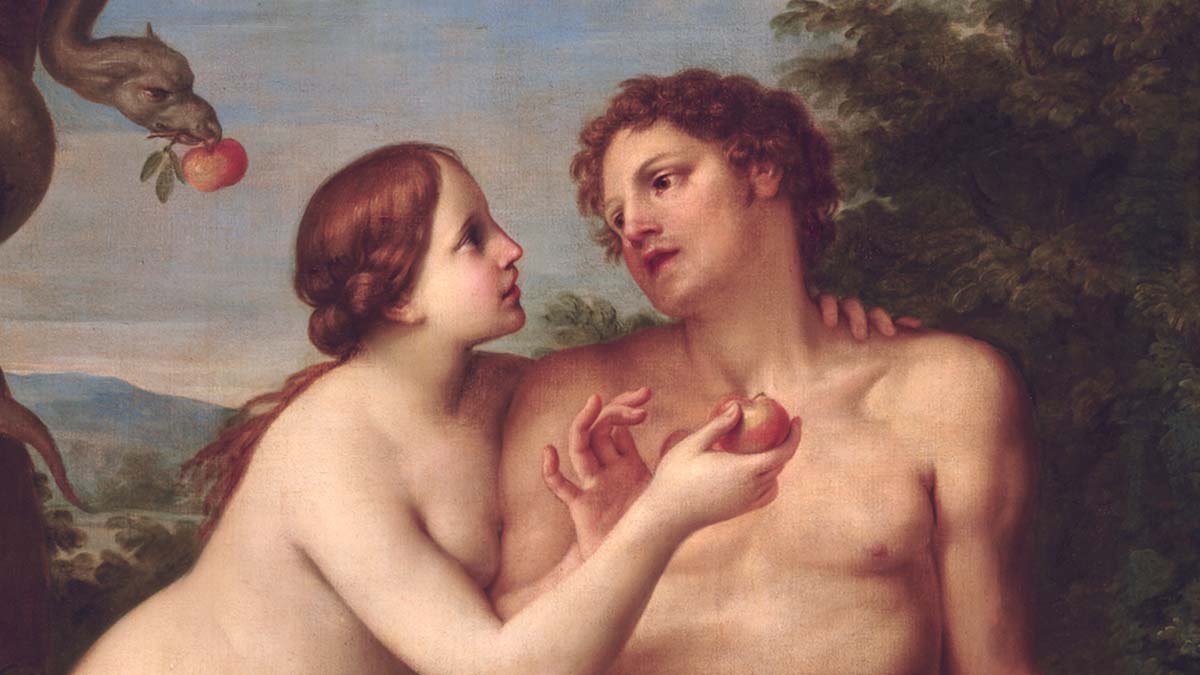 Eve offers Adam fruit from the tree of the knowledge of good and evil, with the serpent watching in the background