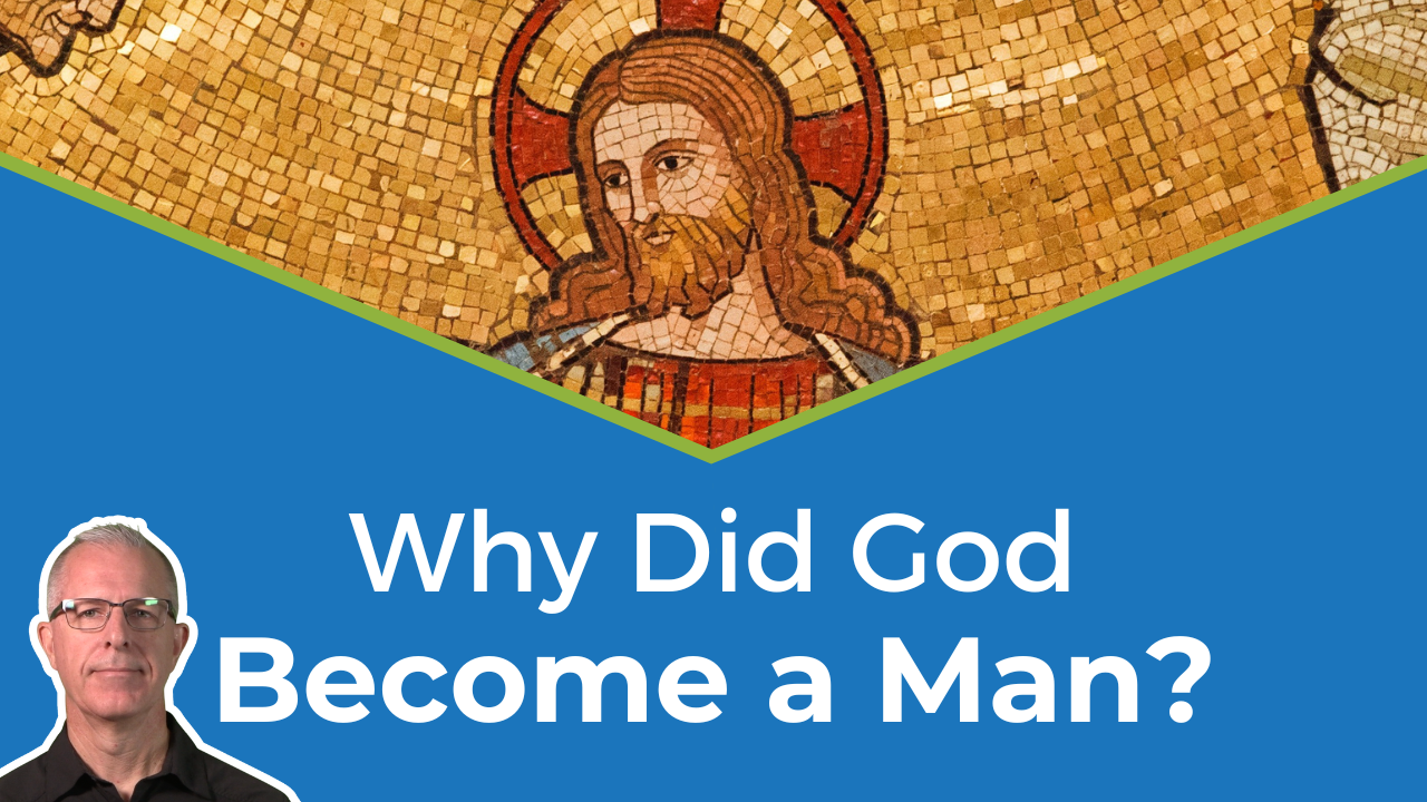 Scott stands beside a mosaic artwork of Jesus over the words "why did God become a man?"