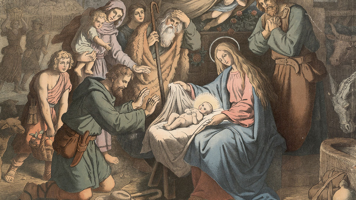A painting of Jesus born at the nativity