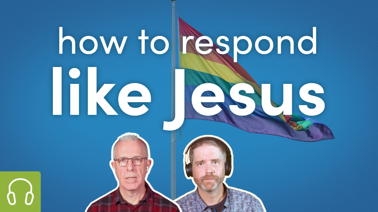 How to respond like Jesus. Scott and Shawn stand under a pride flag