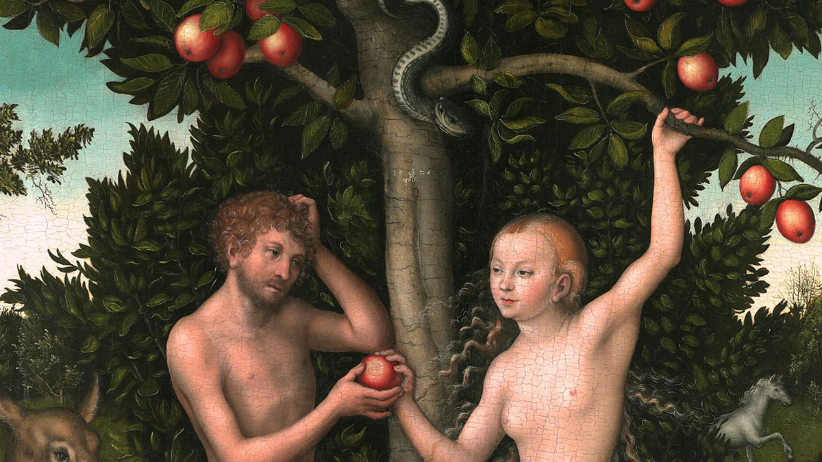 A classical painting of Adam and Eve eating the fruit in the Garden of Eden as the serpent watches