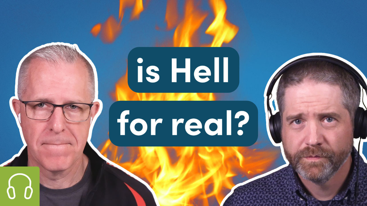 Scott and Shawn stand in front of flames and the words "is Hell for real?"