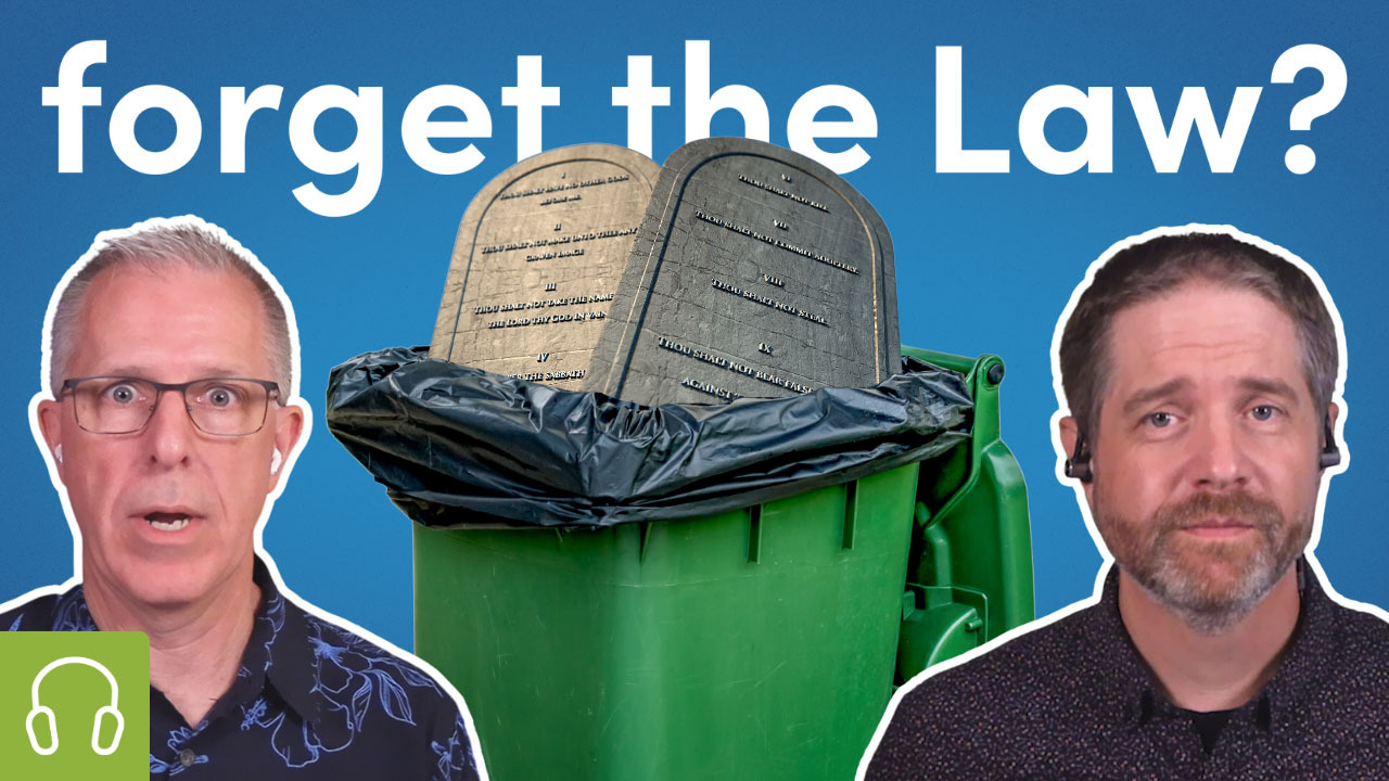 Scott and Shawn look unhappy, standing beside the 10 commandments in a trash can under the words, "forget the law?"