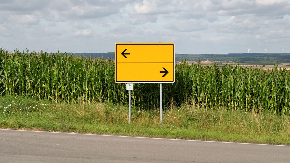 A road sign with two arrows pointing in two different directions
