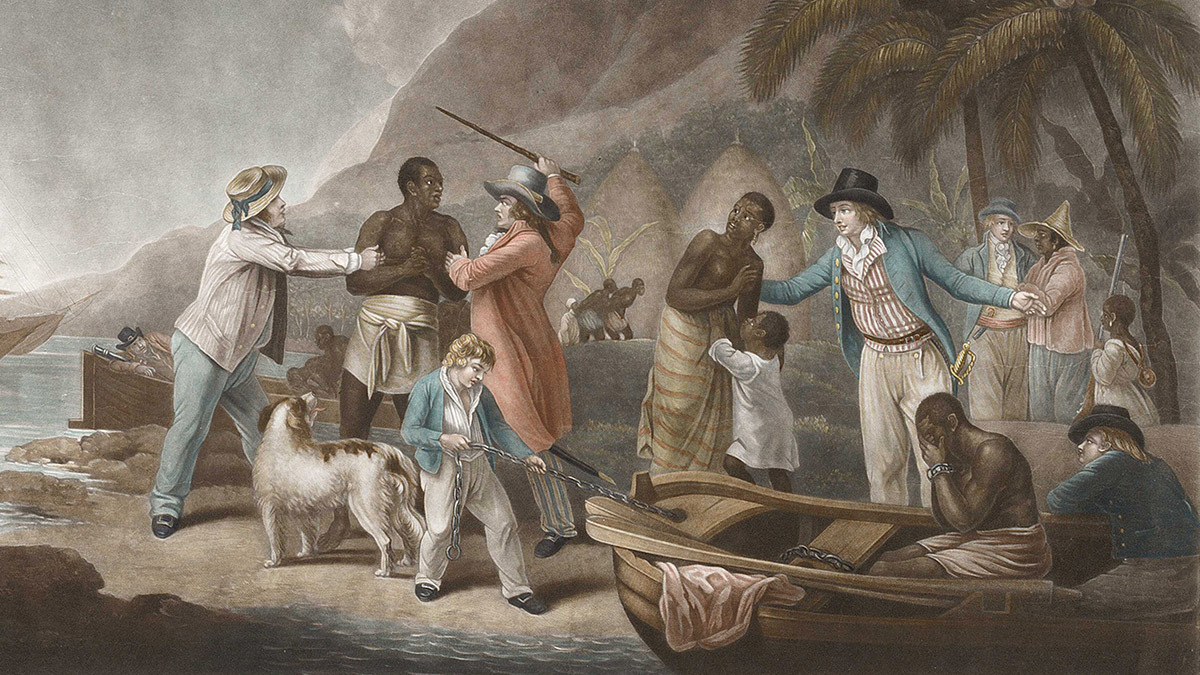European slave traders kidnap a village of African people to sell into slavery