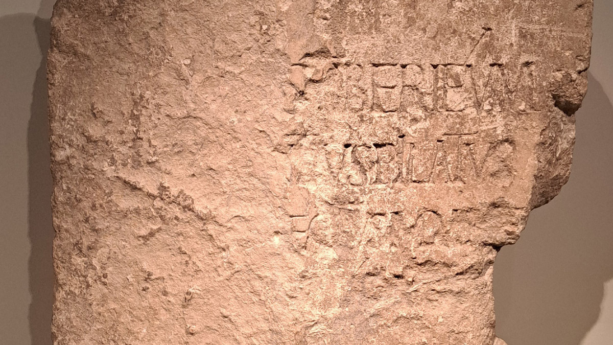 A close up of the Pilate Stone, an archaeological artifact