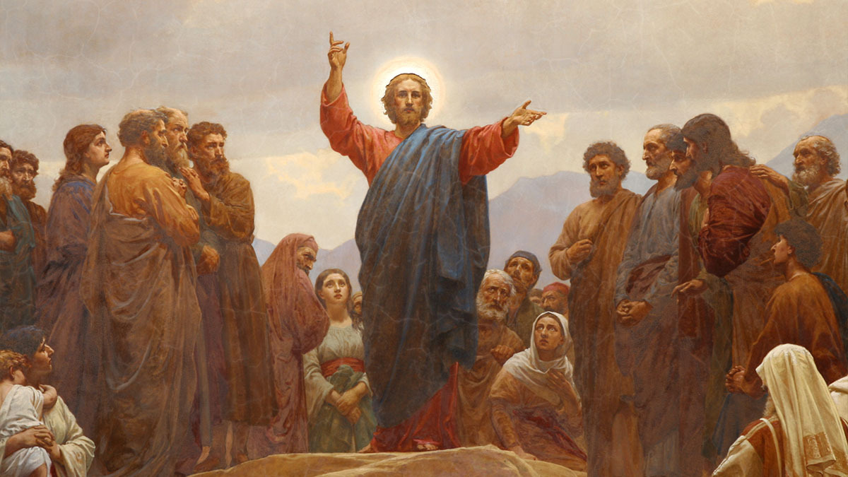 A painting of Jesus with a crowd gathered around and looking at him